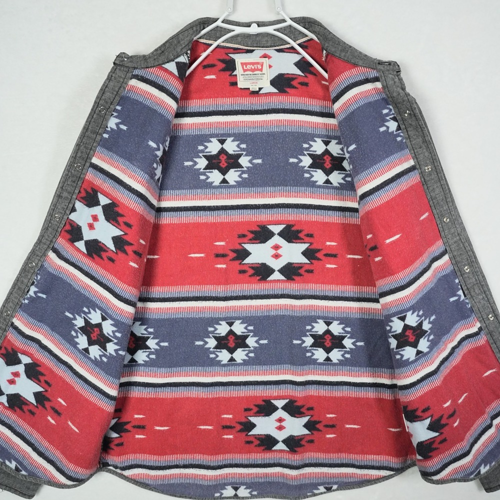 Levis Mens Gray‎ Pearl Snap Western Shirt Southwestern Lined 3LDLW105 Large - Picture 4 of 9